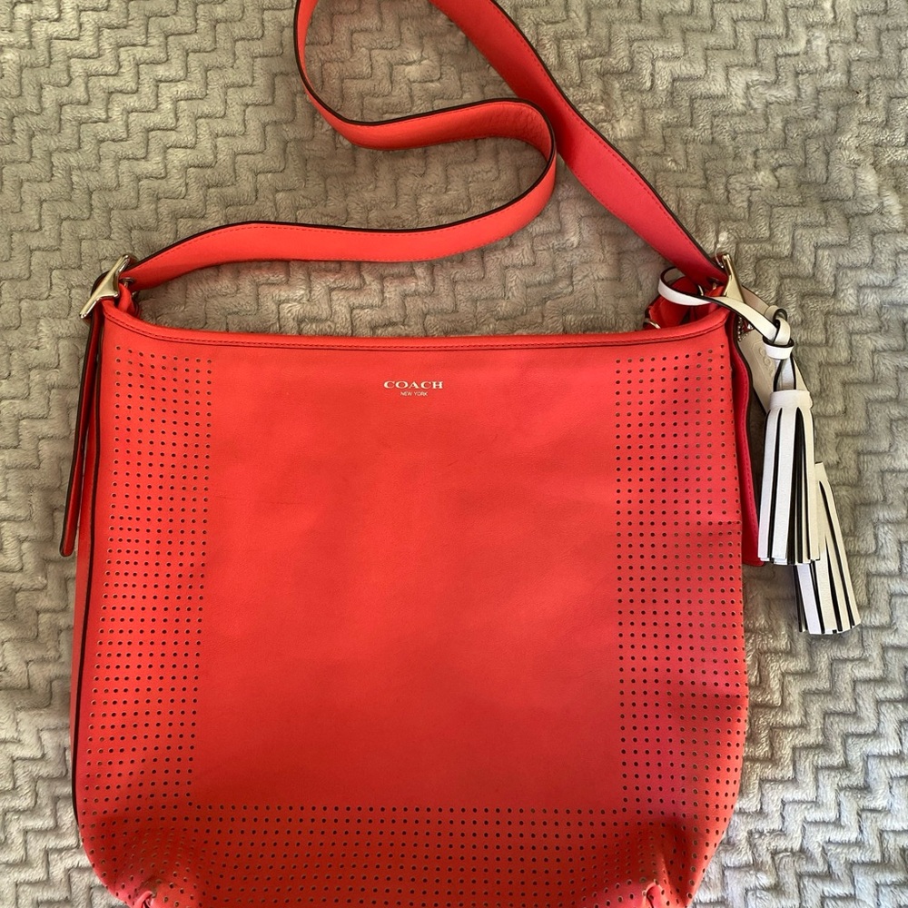 COACH Duffle Leather Perf Watermelon/Snow Crossbody Shoulder Bag